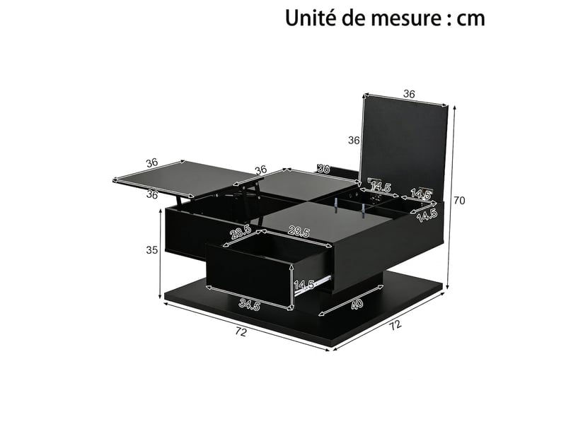  Table basse relevable noire avec rangement et led brillante 72x72 cm  - Conforama D
