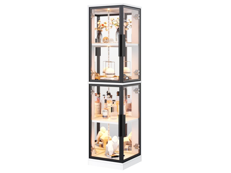 Vitrine d’angle 44x42x164 cm avec verre trempé double face, fond miroir, led multicolore via appli, meuble blanc pour collections et salon - Conforama A