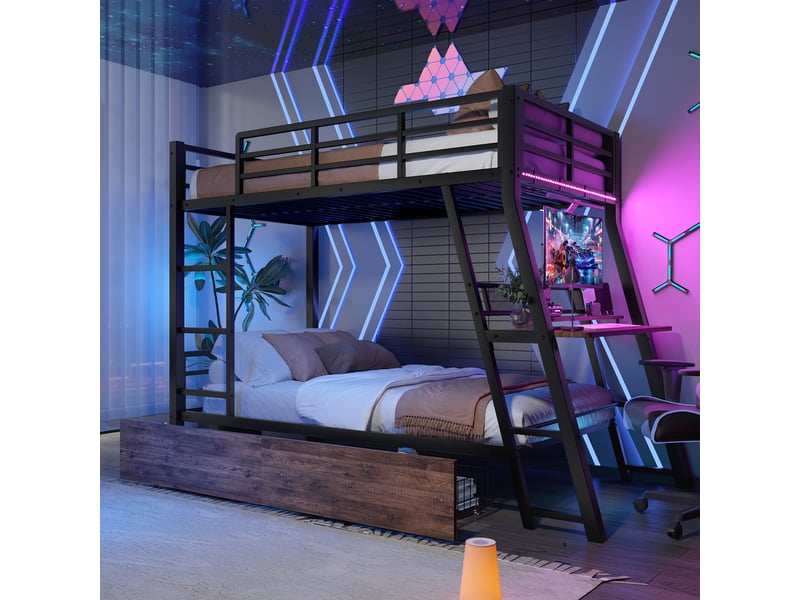  Lits superposés enfant 90x200 cm, led, table, tiroirs, garde-corps, sommiers, métal noir, sans matelas  - Conforama W