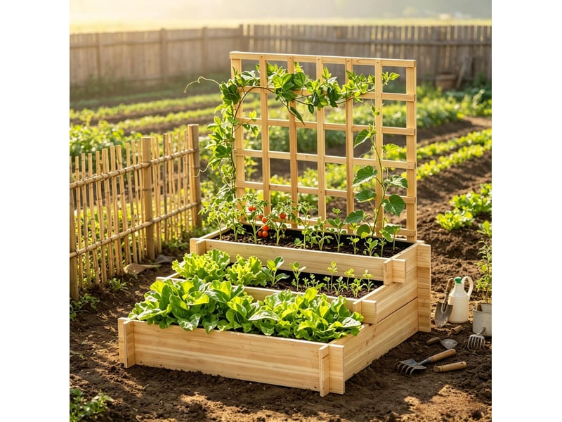 Jardinière surélevée à 3 niveaux 95x95x110 cm – naturel – treillis pour plantes grimpantes - Conforama B
