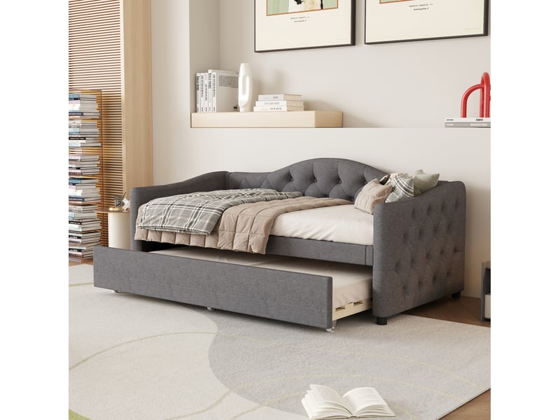 Lit banquette 90x200 cm avec lit gigogne 90x190 cm en lin gris  - Conforama B