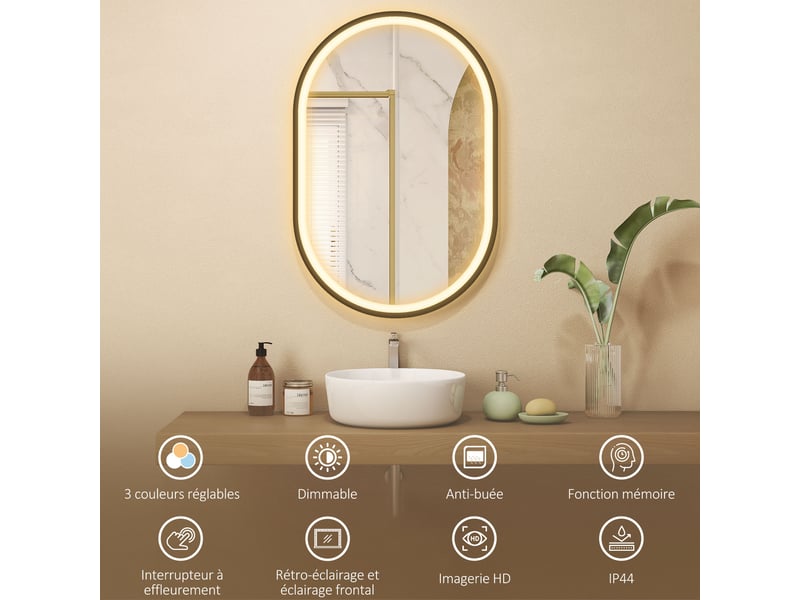  Miroir salle de bain éclairage led 50x70cm, miroir lumineux salle de bain mural interrupteur tactile, lumière 3 couleurs  - Conforama E