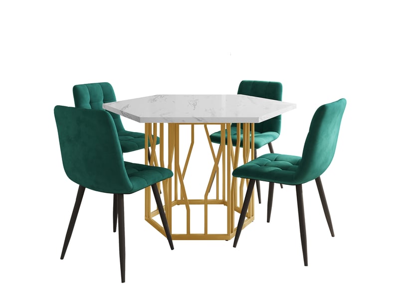  Ensemble repas 5 pièces avec 4 chaises en velours vert, table hexagonale effet marbre blanc et piètement doré, 115,5 x 100 cm  - Conforama A