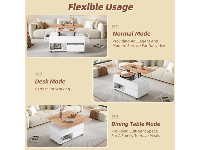 Table basse relevable, avec 4 tiroirs, 2 niches, roulettes et plateau extensible, pour salon, 100×50×52 cm  - Conforama D