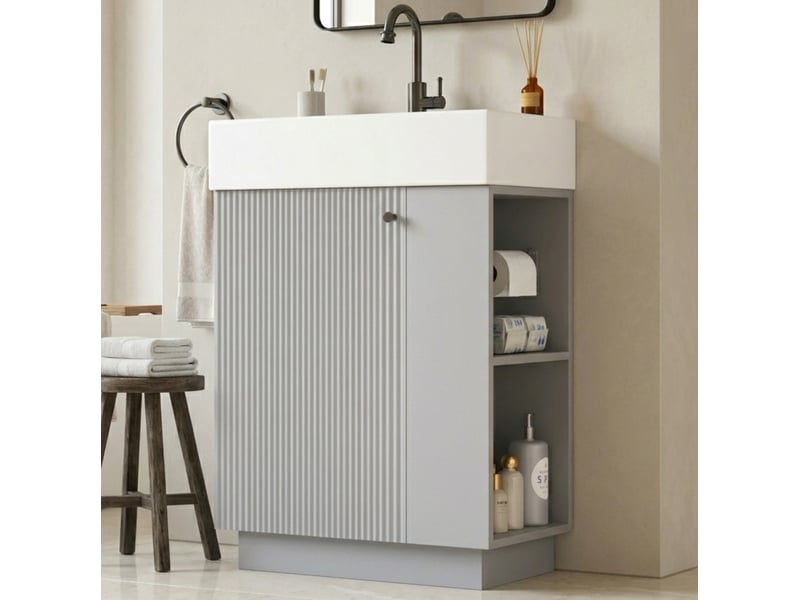  Meuble vasque salle de bain 55x32x87 cm, pose libre, façade rainurée, porte fermeture douce, céramique, gris  - Conforama B