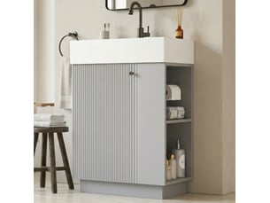 Meuble vasque salle de bain 55x32x87 cm, pose libre, façade rainurée, porte fermeture douce, céramique, gris