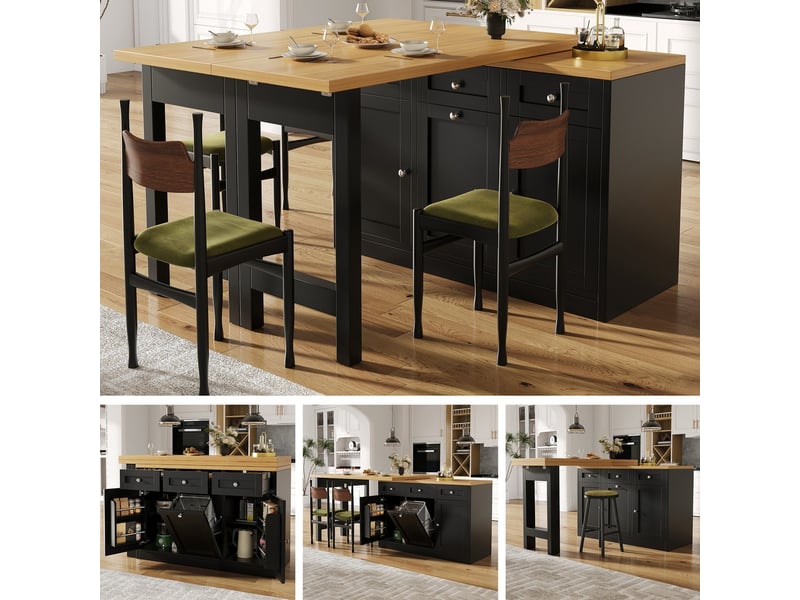  Table bar extensible avec rangement tiroir et porte-snacks support poubelle escamotable design gain de place pour petite cuisine noir  - Conforama B