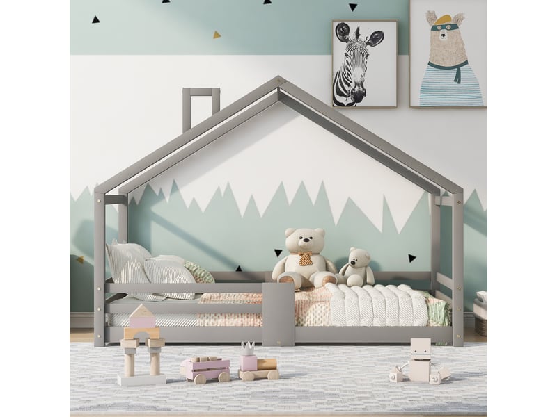 Lit cabane enfant 90x200cm, sommier, décoration de la cheminée de toit,protection, bois, gris, sans matelas - Conforama W