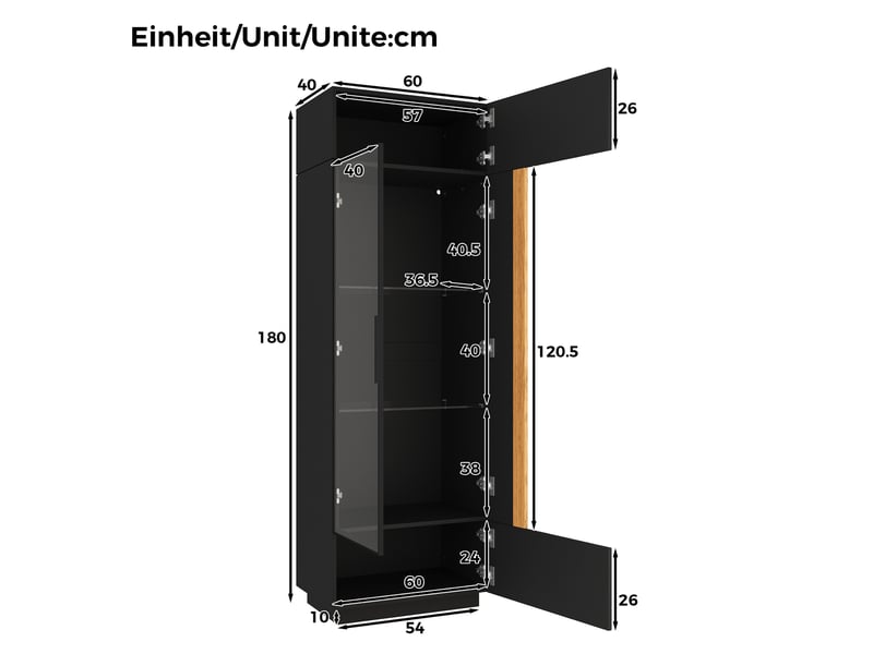 Vitrine haute 60x40x180 cm, éclairage led, commande par application, portes vitrées, grand rangement pour salon et séjour - noir  - Conforama C