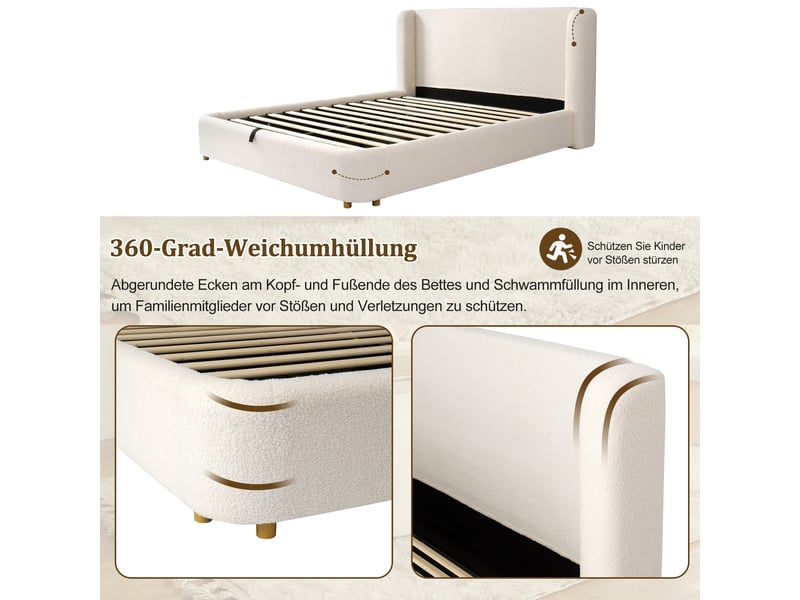  Lit coffre 180x200 cm beige, tissu bouclé, sommier relevable hydraulique, tête de lit rembourrée amovible, sommier à lattes inclus  - Conforama E