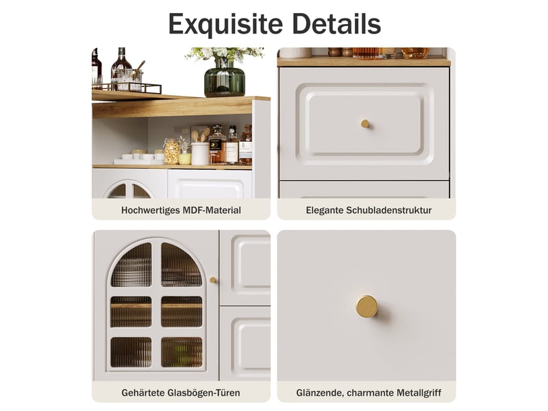  Bar pivotant blanc 138-204 × 39 × 104 cm en mdf, rotation 360°, 2 tiroirs, étagères ouvertes et vitrine en verre courbé  - Conforama E