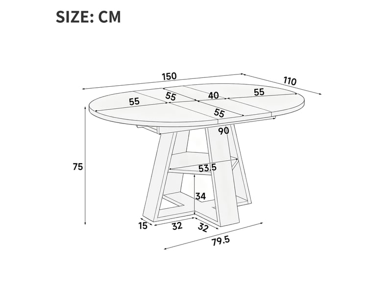 Table à manger extensible 4-6 places ø110 cm, 150x110 cm avec rangement en mdf noir - Conforama E