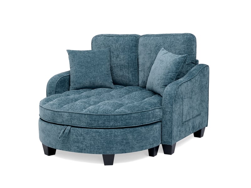 Canapé-lit convertible 1 place bleu en tissu avec pouf de rangement, idéal pour les petits espaces de vie - Conforama A