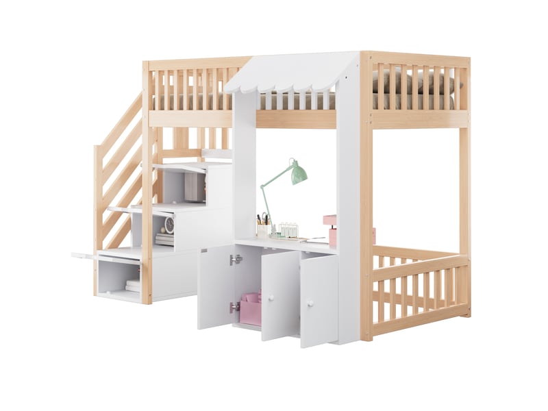  Lit mezzanine modenvie 90 x 200 cm avec escalier de rangement, led multicolore, bois clair  - Conforama A