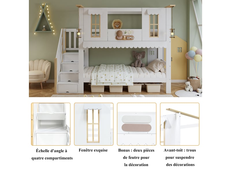  Lit superposé enfant 200×90 cm pour chaque couchage, avec escalier de rangement, sans matelas, blanc et naturel  - Conforama E
