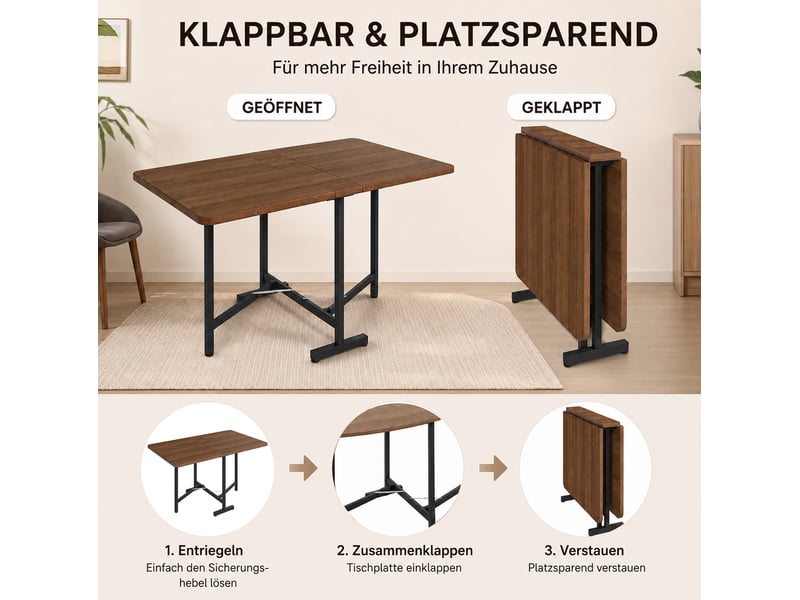  Table de salle à manger extensible et pliable avec rangement pour 6 personnes en mdf noyer 120 × 80 × 75 cm  - Conforama E