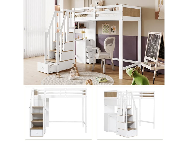  Lit superposé enfant 90x200, garde-corps sécurité bureau 3 tiroirs échelle rangement  - Conforama D