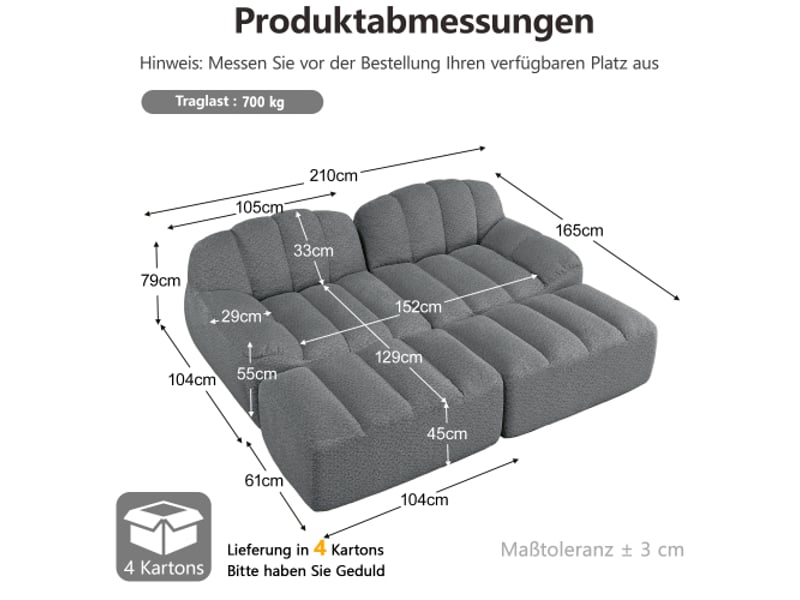 Canapé modulable 2 places gris + 2 poufs, mousse 32D, sans montage, granular fleece - Conforama C