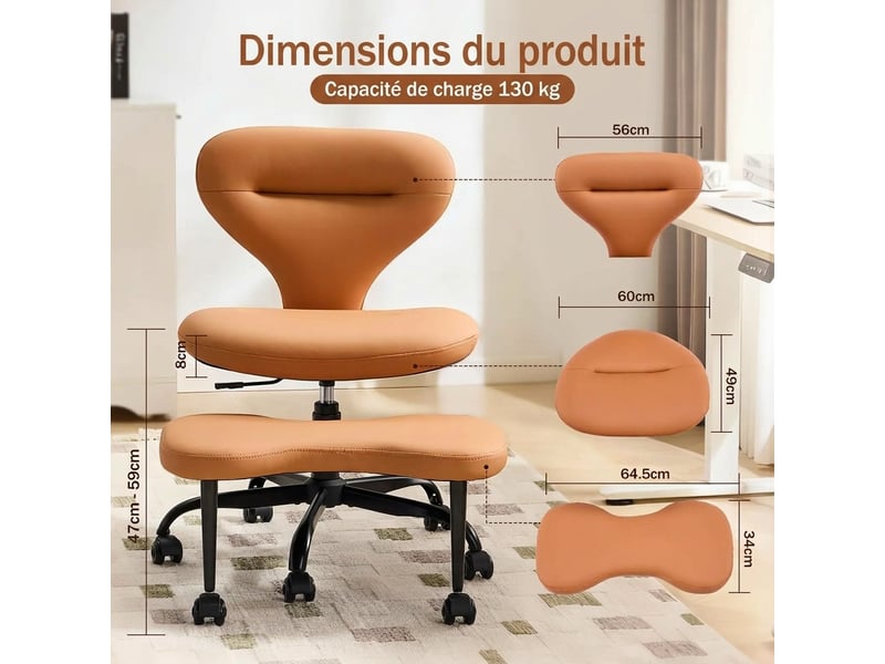  Chaise de bureau jambes croisées et chaise de méditation en cuir pu orange, 67x80x84 cm  - Conforama C