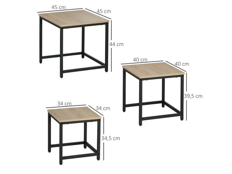  Tables basses gigognes lot de 3 avec pieds réglables, cadre en acier noir, décor bois naturel pour salon 45 × 45 × 44 cm  - Conforama C