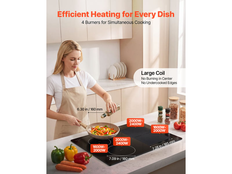 Vevor plaque à induction encastrable 4 foyers 59 cm - 7200 w, 9 niveaux, écran tactile led, surface vitroceramique, sécurité enfants SK-72IHB4S9M - Conforama B