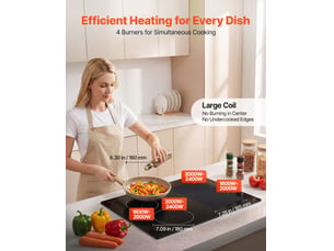 Vevor plaque à induction encastrable 4 foyers 59 cm - 7200 w, 9 niveaux, écran tactile led, surface vitroceramique, sécurité enfants