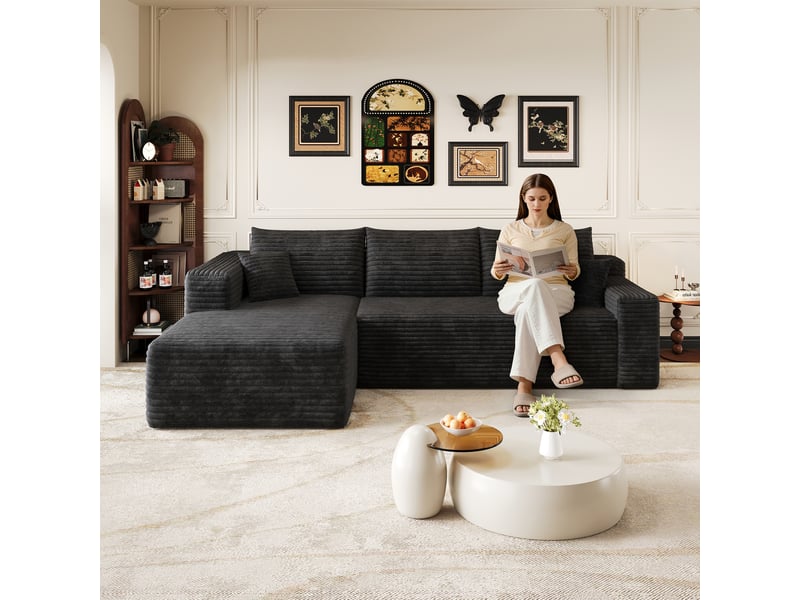 Canapé d'angle noir 3 places avec méridienne, canapé en tissu côtelé de 241 cm pour salon, assise profonde et confortable - Conforama E