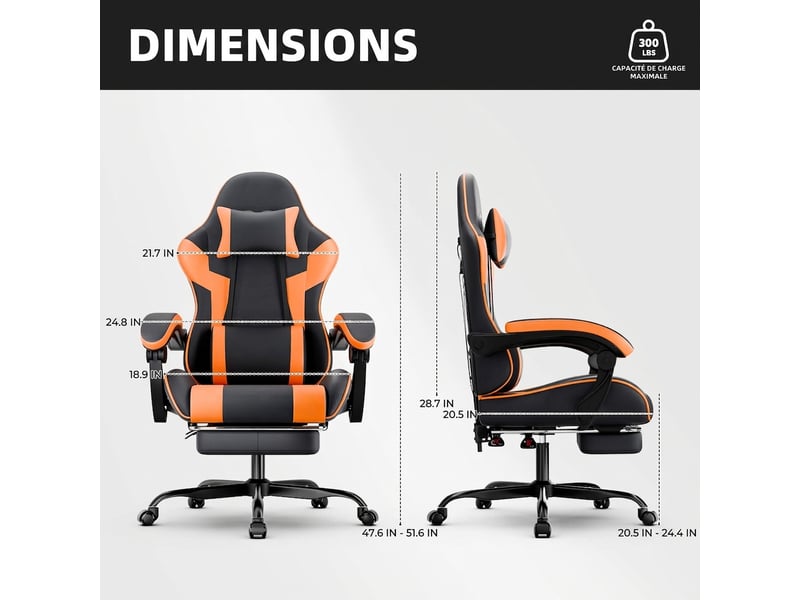  Chaise gamer ergonomique, réglable avec support lombaire, fauteuil de bureau noir et orange  - Conforama D
