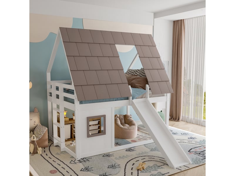  Lit superposé maison 140 x 200 en bois avec toit, échelle et toboggan, blanc et marron  - Conforama E
