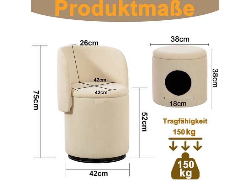  Pouf pivotant 360° en velours côtelé beige avec rangement intégré et couchage pour félin inclus  - Conforama E