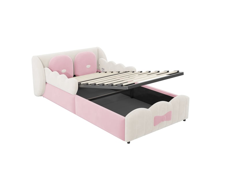 Lit coffre enfant 90x200 cm avec rangement hydraulique et 2 coussins décoratifs, beige et rose, sans matelas, velours  - Conforama E