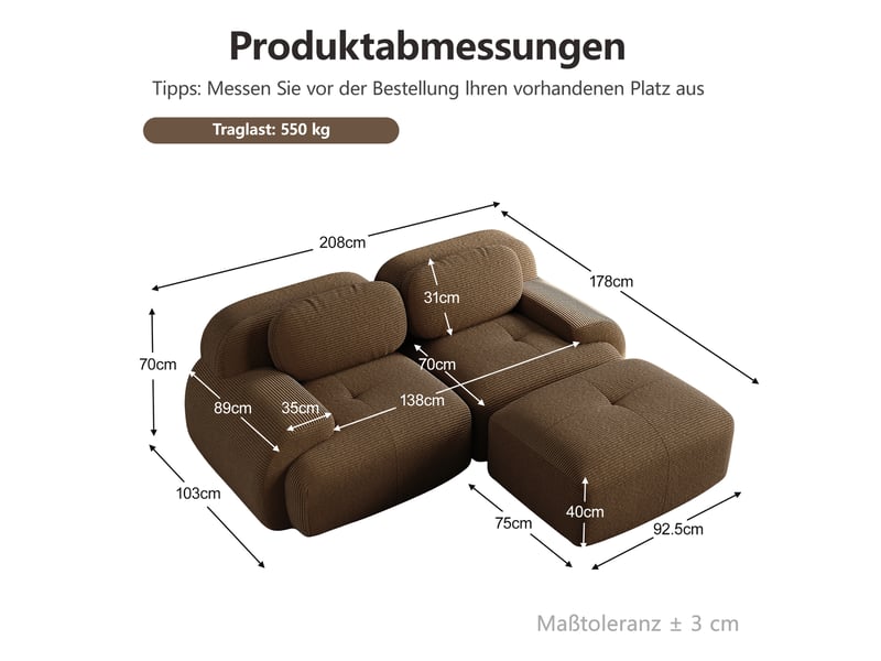  Canapé d'angle modulable en velours côtelé, marron, 208 x 178 x 70 cm Fay Lum - Conforama C