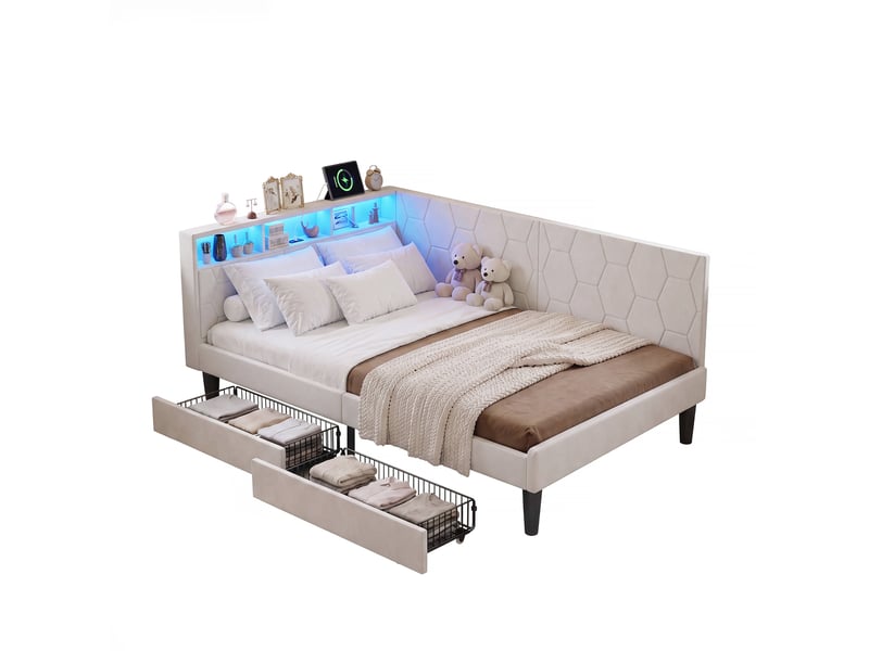 Lit banquette en velours - 140 x 200 cm - avec tiroirs, led et rangements - beige  - Conforama A