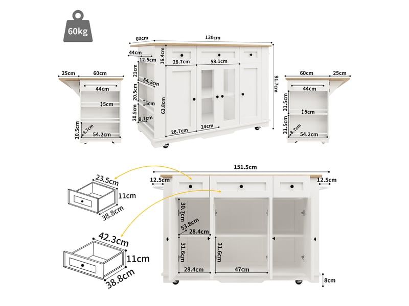 Îlot de cuisine mobile 151.5x6085x91.7 cm, plateau rabattable avec 3 tiroirs, 4 portes et rangements, blanc - Conforama C