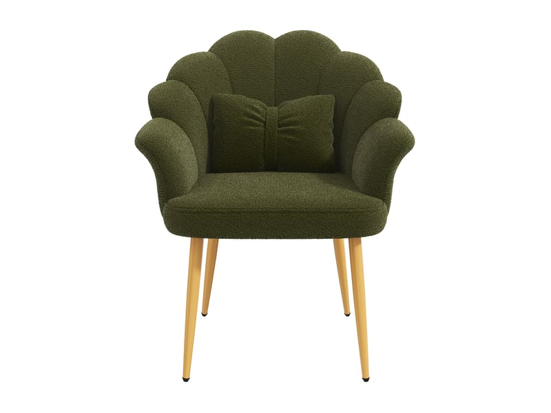 Lot de 4 fauteuils rembourrés à dossier pétale avec accoudoirs et coussins, pieds métalliques dorés en tissu teddy vert - Conforama E