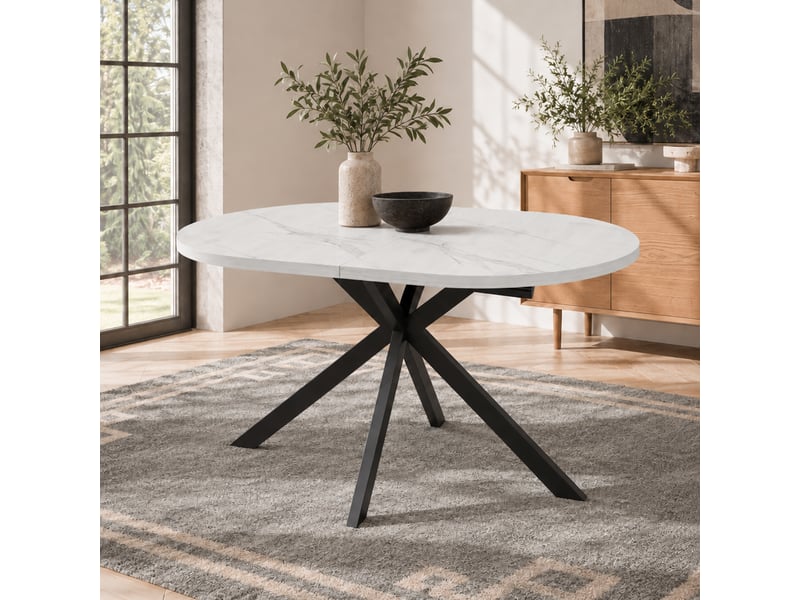 Table à manger extensible 120-160x80 cm pour 4 à 6 personnes, plateau ovale avec rallonge intégrée, pieds en métal, mdf blanc, cuisine salon - Conforama C