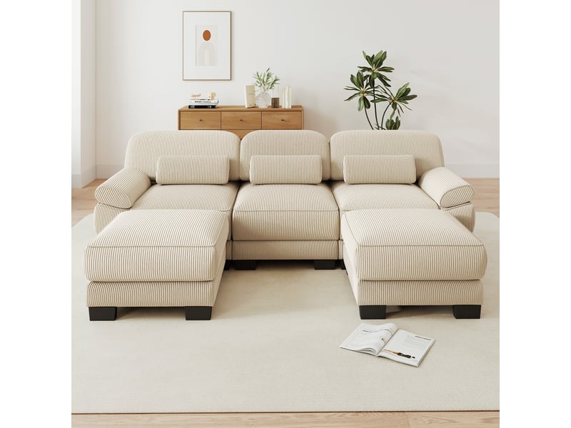  Canapé modulable en u 3 places 265x161x94 cm avec 2 poufs, assise profonde, coussin lombaire épais, velours côtelé  - Conforama B