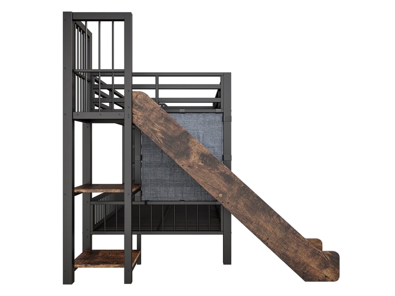  Lit mezzanine enfant 90x200 cm – noir – toboggan, escalier de rangement et étagères – sans matelas  - Conforama D