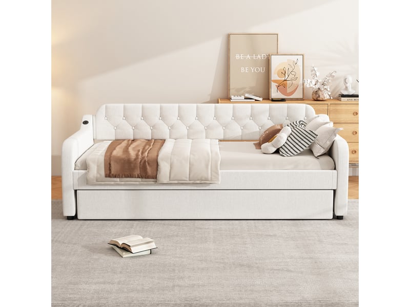  Canape lit 90x200 cm avec lit gigogne à roulettes, lit enfant avec prise usb, cadre de lit 2 personnes en beige  - Conforama E