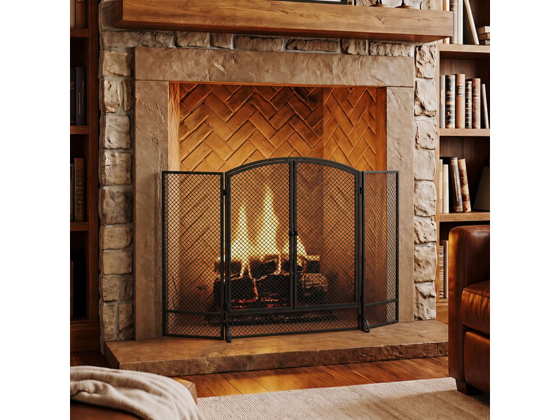 Pare-feu de cheminée pliable 3 panneaux 2 portes 122 x 75 cm métal noir - Conforama B