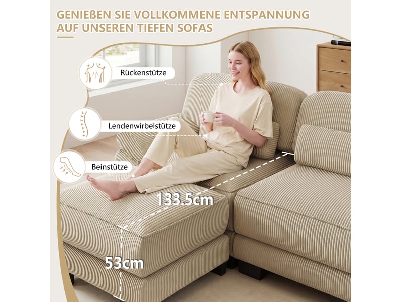  Canapé modulable en u 4 places 336 x 161 x 94 cm, 2 poufs, assise profonde, soutien ergonomique, velours côtelé beige  - Conforama D