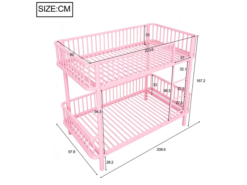  Lit superposé métallique 90x200 cm coins arrondis pieds surélevés barrière de sécurité gain de place noir rose  - Conforama C