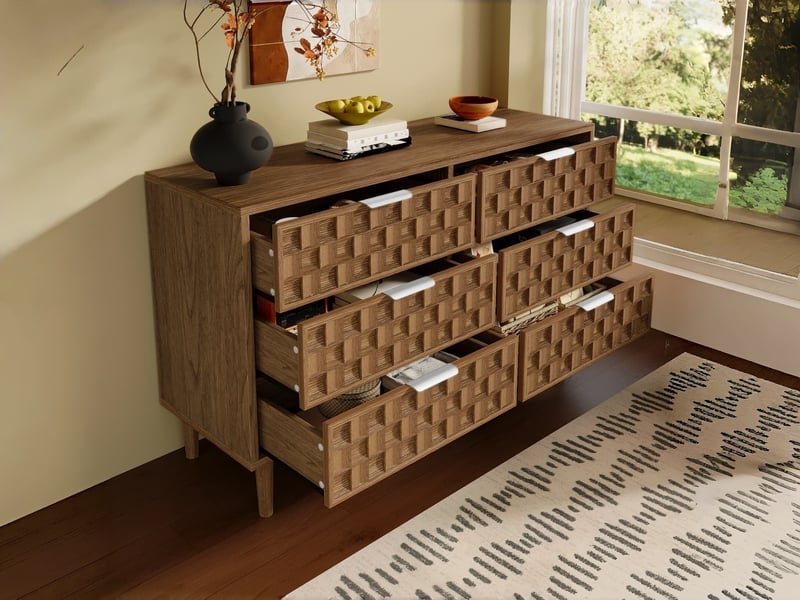  Commode à 6 tiroirs, 120 x 37 x 77 cm, tiroirs effet chêne avec poignées en métal, style moderne du milieu du siècle  - Conforama B