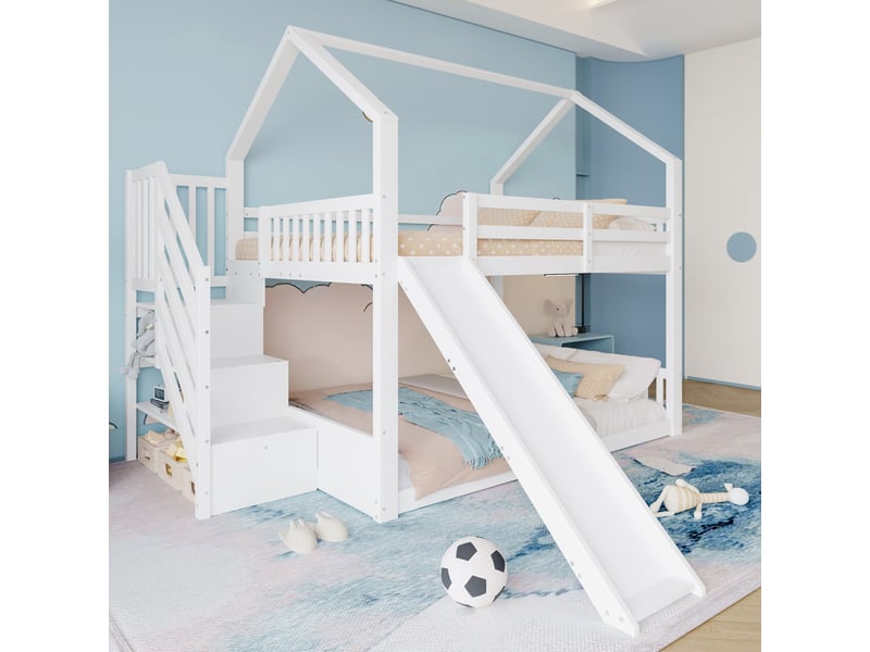  Lit superposé enfant 140x200 cm avec escalier, toboggan et rangement, blanc  - Conforama B