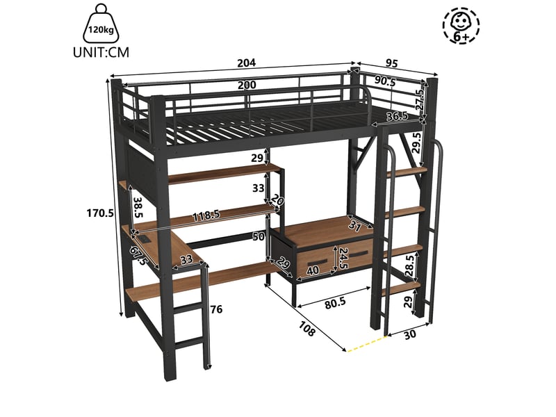  Lit mezzanine 90x200 cm, avec bureau, tiroirs en tissu, avec éclairage led, usb, espaces de rangement, cadre métal mdf noir sans matelas  - Conforama C