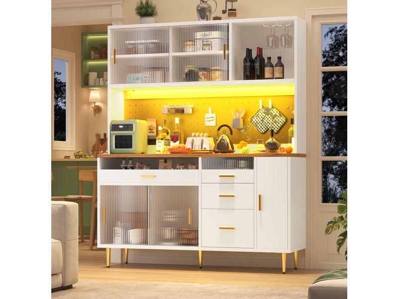  Armoire haute 145x39x171 cm, avec porte coulissante en verre, buffet cuisine vaisselier avec led, mdf, coloris blanc  - Conforama E