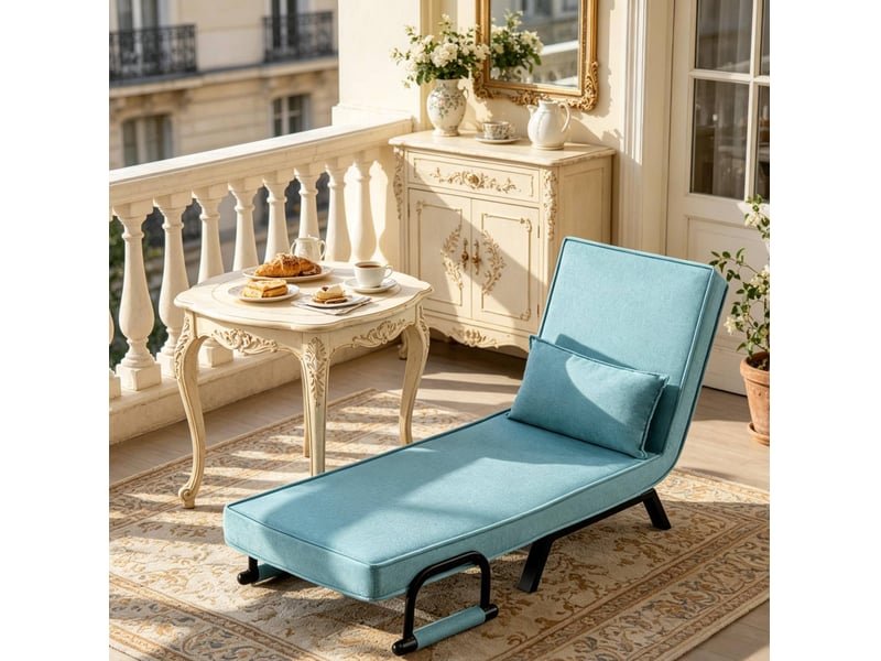  Fauteuil convertible 3 en 1 à dossier réglable sur 5 positions avec coussin amovible, en lin bleu, mousse et métal  - Conforama D