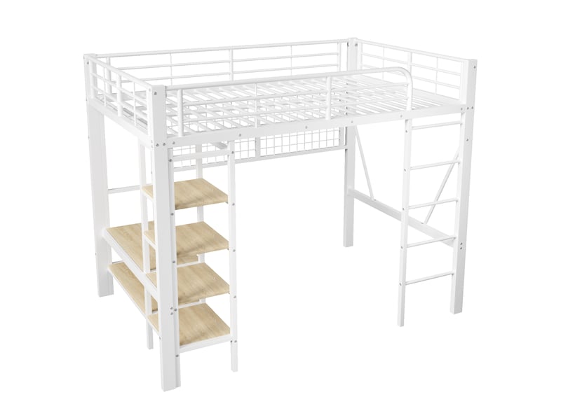  Lit mezzanine 140x200 cm blanc avec led, penderie, filet de rangement et espace ouvert  - Conforama E