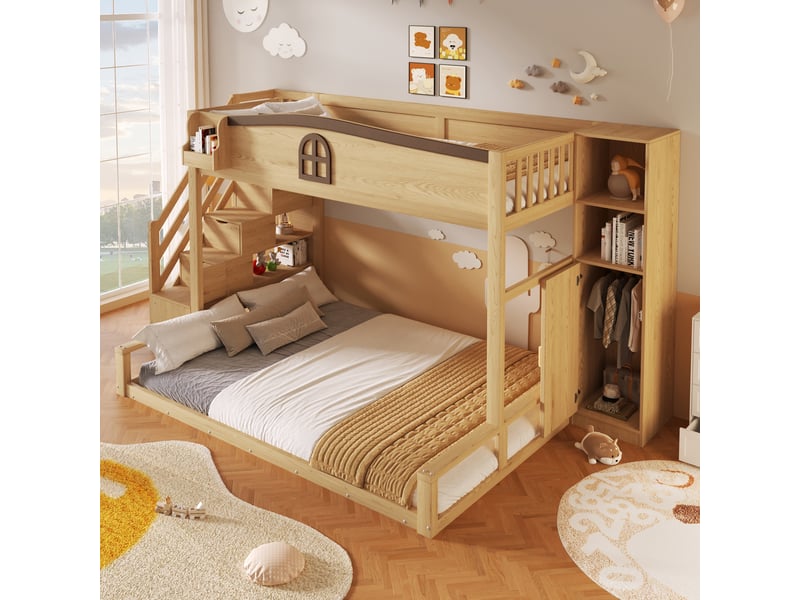 Lit superposé enfant avec armoire intégrée et escalier de rangement, bois naturel – 90 x 200 140 x 200 cm IKSETERA TRADING LTD - Conforama E