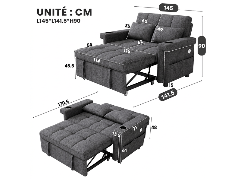 Canapé convertible 2 places avec led et ports usb, dossier réglable, tissu chenille gris - Conforama E